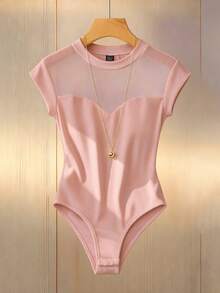 Lumivelle 女士时尚透视网纱立领连体衣带帽袖 - 粉色 - 查看 2