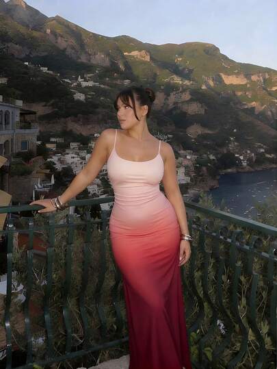 SHEIN MOD 大码优雅渐变印花无袖连衣裙，夏季