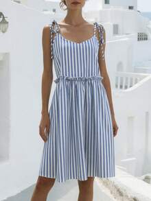 Breezaya 女士条纹休闲度假吊带裙 - 藍白色 - 查看 7