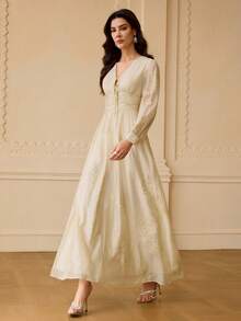 ZEYLAH WOMEN'S ELEGANT Sexy FLORAL EMBROIDERED FITTED WAIST DRESS Golf White Autumn - Apricot - View 5