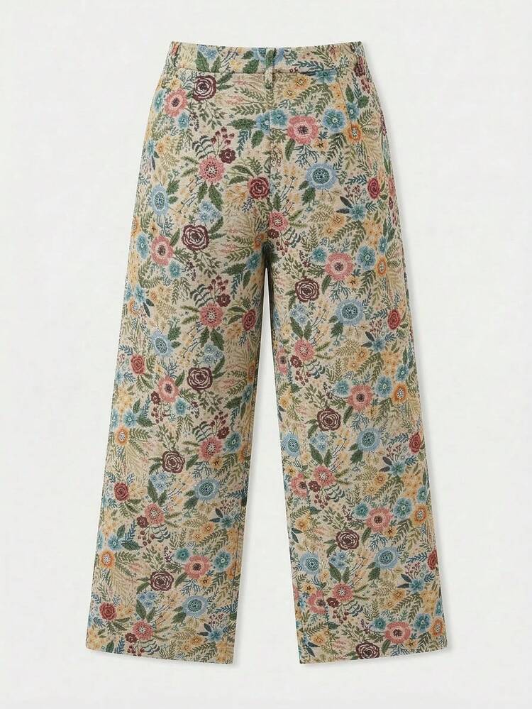 Vintage Style Floral Jacquard High Waisted Wide Leg Trousers Spring Summer Going Out