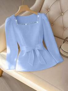 GlowEve CURVE Rhinestone Embellished Square Collar Cute Bow Plus Size Blouse - Baby Blue - View 1