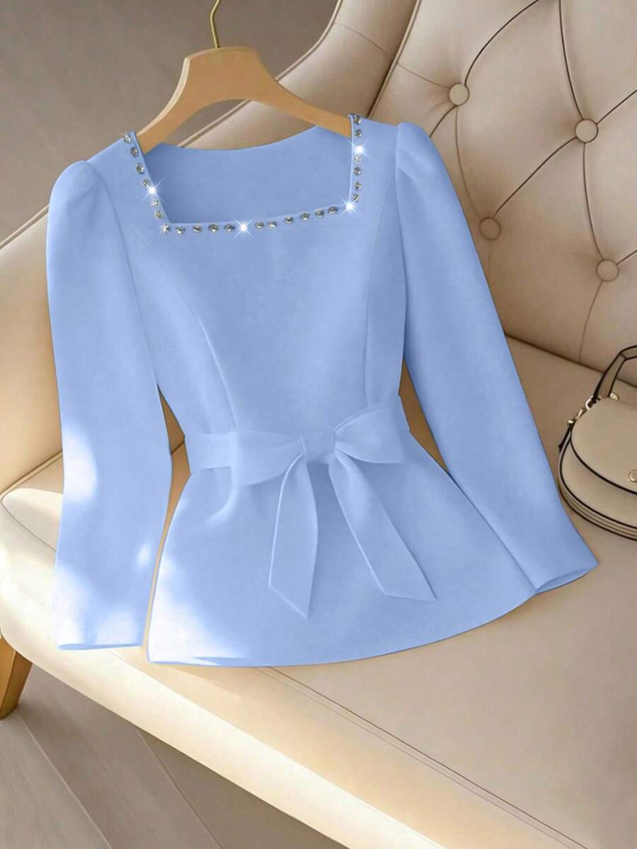 GlowEve CURVE Rhinestone Embellished Square Collar Cute Bow Plus Size Blouse - Baby Blue - View 1