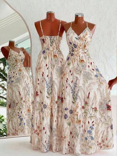 SHEIN Clasi 大码优雅印花无袖连衣裙，夏季