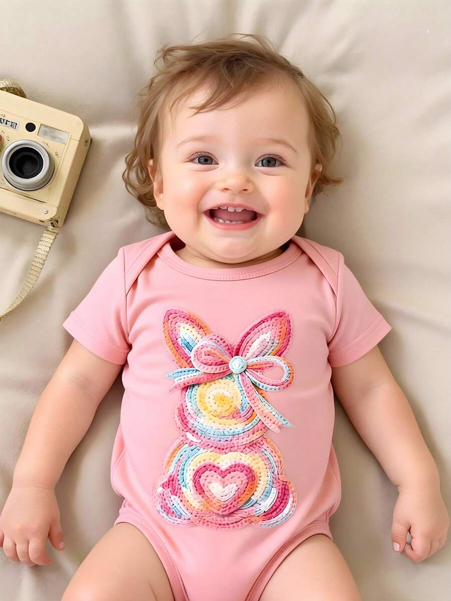 Baby Girl Casual Cute Faux Knit Rabbit Bow Print Bodysuit, Pink Round Neck Suitable For Spring/Summer - Pink - View 1