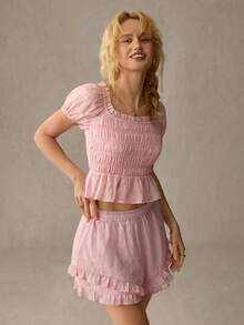 WESTFADE Soft Pink Women's Cottage Core Summer Two Piece Matching Sets,Smocked Neck Puff Sleeve Peplum Top & Tiered Ruffle Shorts,Picnic Boho Western Outfits - Pink - View 4