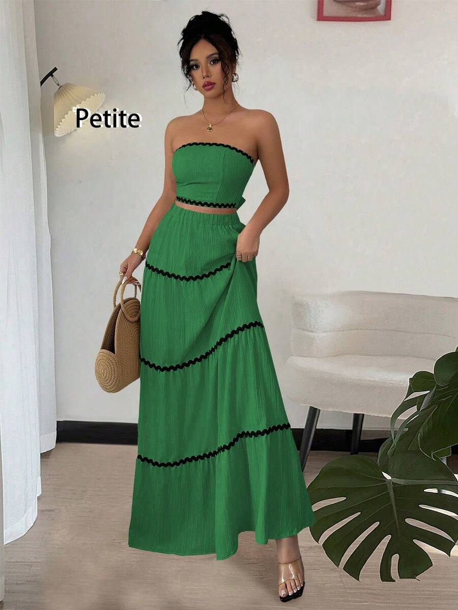 Rafferiza Petite Conjunto de moda con top bandeau y falda de pastel con patchwork, adecuado para fiestas y salidas - Verde - Ver 1