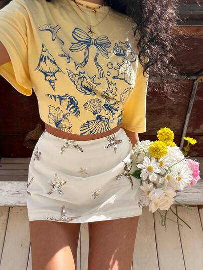 Muchica Apricot Chiffon Sequin Patchwork Fashionable Skirt