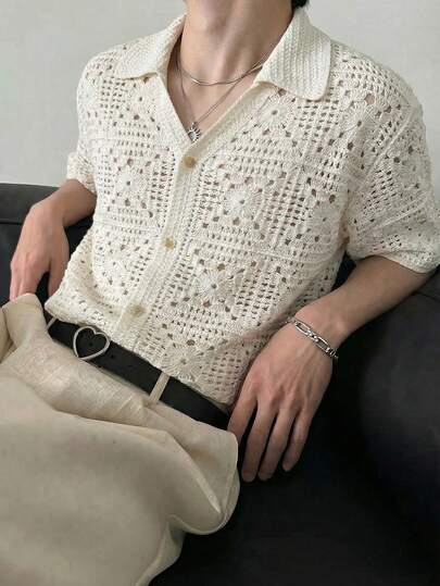 SWAVVY Men's Solid Color Drop Shoulder Short Sleeve Hollow Out Fashionable Knit Top