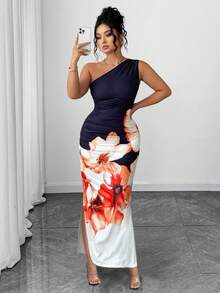 SHEIN PETITE CURVE Vestido estampado sin mangas de talla grande con hombro asimétrico - Azul Marino - Ver 4