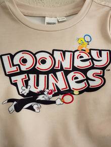 LOONEY TUNES X SHEIN 女婴字母卡通印花圆领短袖T恤和裤子休闲套装 - 卡其色 - 查看 3