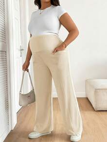Plussiva 孕妇加大码纯色高腰带口袋休闲夏季百搭裤 - 米色 - 查看 7