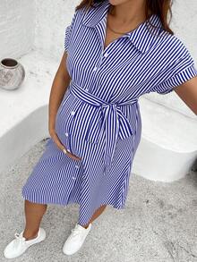 SHEIN 夏季孕妇休闲条纹纽扣短袖连衣裙 - 藍色 - 查看 5