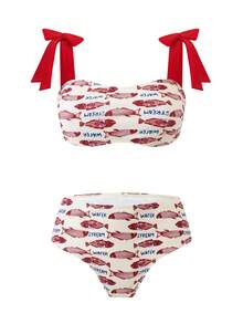 Swim Oasis 3pcs Women's Summer Swimsuit Set, Sardine Print Bandeau Top With Tie, Matching Skirt, Beach Vacation Outfit - Red - View 3