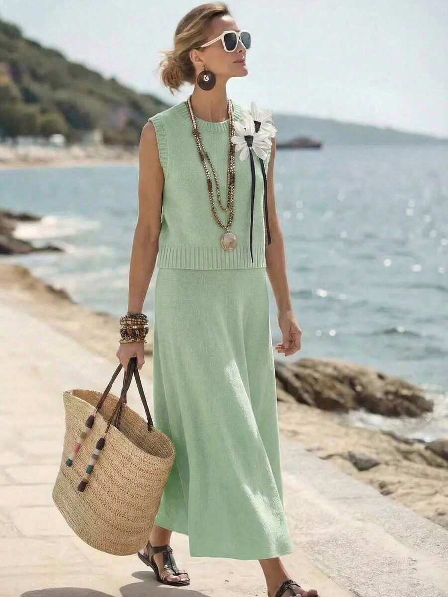Franclia 秋冬新款宽松碎花圆领无袖针织背心搭配碎花灰色A字针织中长裙,女士两件套毛衣套装,绿色女装,春季连衣裙,绿色沙滩裙,蓝绿色女装,夏季套装,鼠尾草绿,薄荷绿 - 薄荷綠 - 查看 1