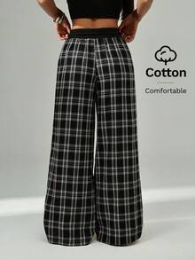 SHEIN PETITE Pantalones anchos de pierna ancha a cuadros casuales y sueltos para mujer - Blanco y Negro - Ver 2