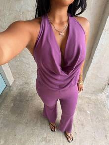 Rustia Mono sin espalda con cuello halter para mujer talla grande - Morado - Ver 8