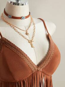 SHEIN ICON 大码流苏V领吊带背心，音乐节穿搭 - 棕色 - 查看 10