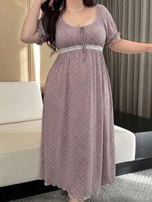 Dazy Plus Elegant Ditsy Floral Scoop Neck Tie-Up Contrast Lace Cinched Waist Long Nightgown With Short Sleeves - Apricot - View 4