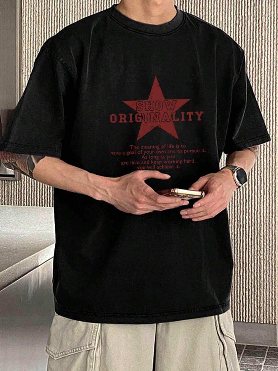 DAZY Áo thun nam tay ngắn cổ tròn in chữ, kiểu dáng thường ngày, đa năng. - màu đen - Xem 1