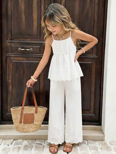 2pcs/Set Tween Girls Summer New Knitted Hollow Design Hem Splice Lace Camisole Top And Straight Leg Pants With Lace Hem, White Casual Countryside Chic Vacation Outfit