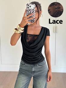 Siren Gaze 春夏新款蕾丝拼接荷叶边领T恤，女士优雅黑色弹力修身褶裥收腰显瘦上衣 - 黑色 - 查看 9