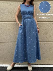 Solivie 女士植物图案圆领无袖休闲口袋连衣裙 - 藍色 - 查看 9