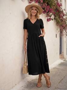 EMERY ROSE Women's Black V-Neck Short Sleeve Pocket Casual Mid-Length Dress,Vacation Long Dress, Women Vacation Dress, Women Casual Dress - Black - View 4