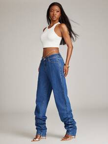 NYA SZN Denim Mid Rise Dark Wash Denim Jeans Stacked Casual Everyday Classy Modest Western Country Streetwear Trousers Spring Summer Outfits For Women - Medium Wash - View 3