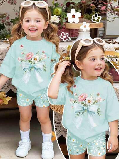 SHEIN Baby Girl Floral Print Round Neck Short Sleeve T-Shirt And Shorts Casual Daily Outfit, Suitable For Summer