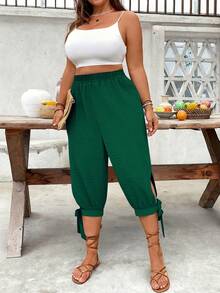 EMERY ROSE Plus Size Women Cinched Waist Casual Dual-Tone Pants - Dark Green - View 5