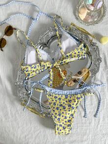 Swim Mod 女士新款格子碎花比基尼套装，两件式泳衣，适合泳池、度假、海滩、夏季穿着 - 藍色 - 查看 2