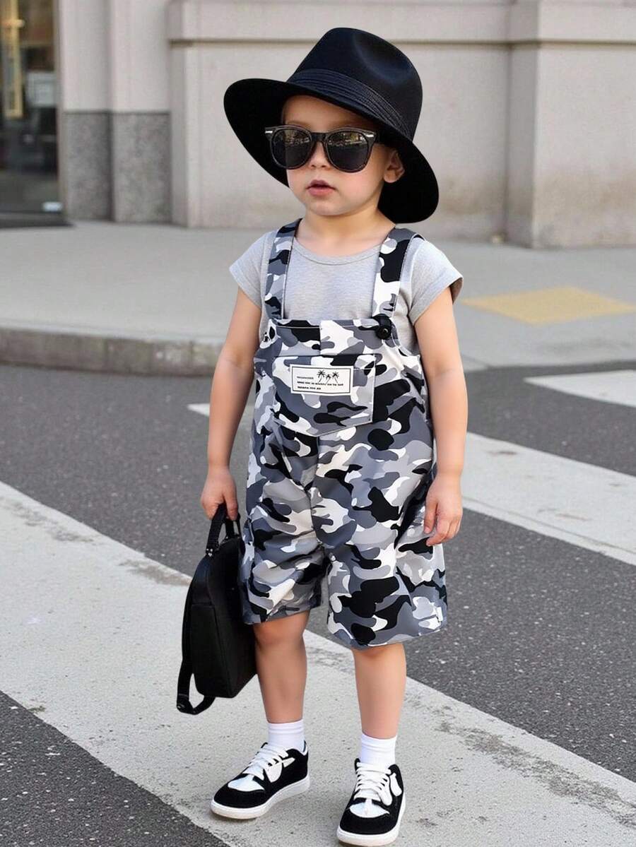 SHEIN Young Boy Casual Camouflage & Palm Tree Pocket Suspender Pants, Suitable For Daily Outdoor Wear - Grey - View 1