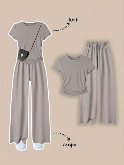 Franclia Women's Casual Solid Color Round Neck Short Sleeve Top And Pants 2 Pieces Set, Summer