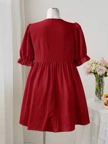 Sweetra Vestido casual, lindo y retro para fiesta o vacaciones, con cuello en V, encaje, parches, mangas cortas con volantes y cintura con lazo, talla grande - Burdeos - Ver 2
