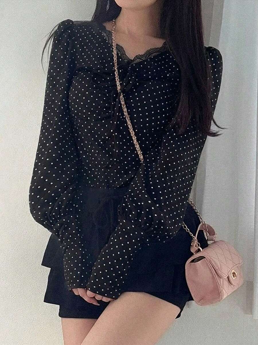 FRIFUL Áo thun dài tay nữ họa tiết chấm bi, thích hợp cho mùa xuân và thu hè. - màu đen - Xem 1
