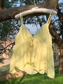 Comfortcana Women's Hollow Out Embroidery Front Tie Casual Camisole Top - Yellow - View 3