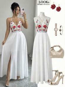 Elenzga Đầm cổ chữ V in hoa, buộc dây phía sau, xẻ tà, lưng thun, kiểu dáng thanh lịch, thoải mái cho kỳ nghỉ. - Nhiều màu - Xem 8