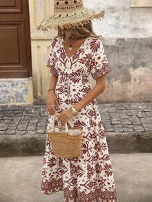 Brillora 女士优雅浪漫度假印花连衣裙，春夏款 - 巧克力棕 - 查看 15