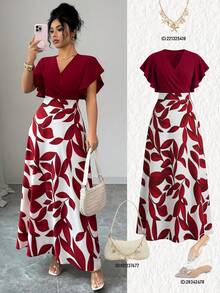 Elenzga Vestido ajustado y acampanado con volantes y mangas de capa, con estampado de hojas de color rojo burdeos, para primavera/verano - Multicolor - Ver 5