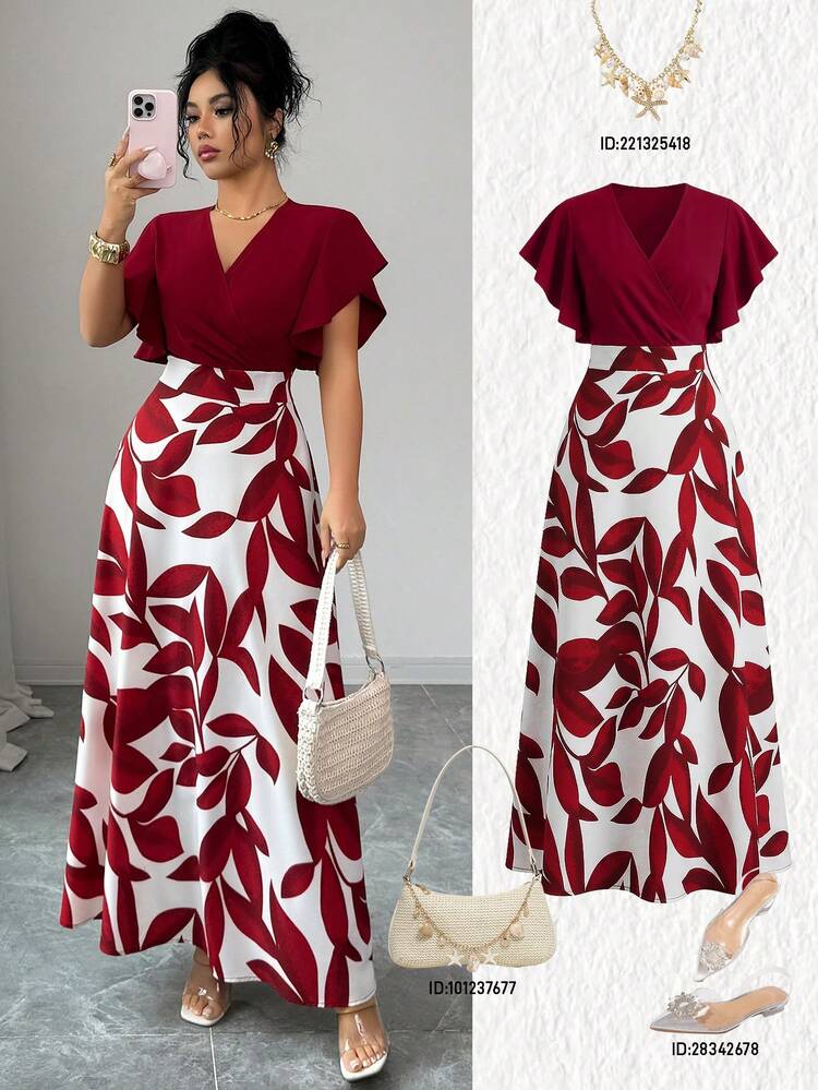 Elenzga Vestido ajustado y acampanado con volantes y mangas de capa, con estampado de hojas de color rojo burdeos, para primavera/verano - Multicolor - Añade 5