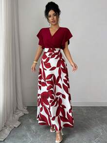 Elenzga Vestido ajustado y acampanado con volantes y mangas de capa, con estampado de hojas de color rojo burdeos, para primavera/verano - Multicolor - Ver 8