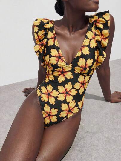 Maija Costum de baie dintr-o singură piesă pentru femei, cu imprimeu floral și decolteu adânc în V, potrivit pentru vacanțe la plajă, petreceri la piscină, petreceri pe plajă