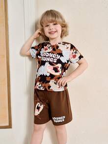 LOONEY TUNES X SHEIN Young Boy Cartoon Print Short Sleeve T-Shirt And Shorts Set, - Brown - View 2