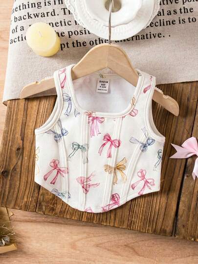 SHEIN Cute Summer Versatile Knit White Bow Tie Camisole Baby Girl Printed Vest Toddler Girl Sleeveless Shirt Summer Cotton Baby Girl Clothes Baby Girl Summer Tops Baby Girl Sleeveless Top
