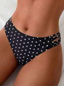 Swim Vcay 女士黑色波点随机印花比基尼泳裤，侧边交叉绑带，低腰常规三角泳裤，适合海滩、泳池、度假穿着。 - 黑與白 - 查看 3