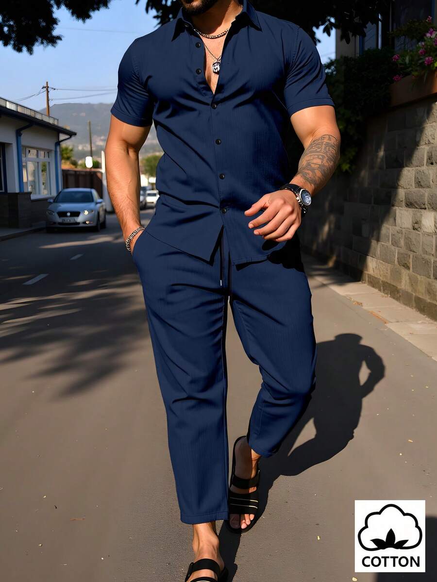 Manfinity Homme 男士纯色单排扣短袖衬衫和长裤休闲通勤套装 - 寶藍色 - 查看 1