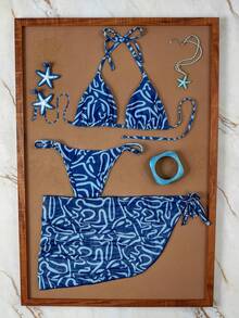 Elavelle 3pcs/Set Women's Random Print Halter Neck Bikini Set, Spring/Summer - Multicolor - View 3