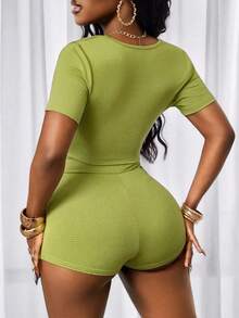 BamGleam Women's Neon Green Plunging Neck Short Sleeve Sexy Romper Bodysuits For Women Romper , Summer Clothes  , Summer Outfits For Women , Summer Outfits ,  Summer Outfit For Women ,Vacation Outfits Women Women Vacation Outfit Sets Yacht Outfit Women Matcha Holiday Outfits For Women Boat Cruise Outfit Women - Green - View 2