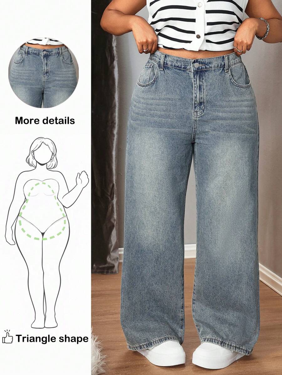 Truni 加大码 Y2k 宽松街头风格性感水洗阔腿牛仔裤，返校季，教师秋季女式宽松男友风牛仔裤 - 深色水洗藍 - 查看 1